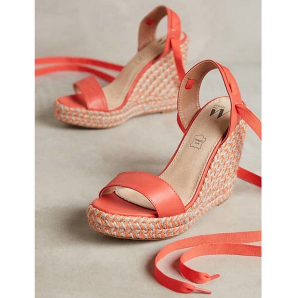 NWOT VANESSA WU Espadrille Wedge Coral Gold Gray Raffia Yarn Size 40/ US 10
